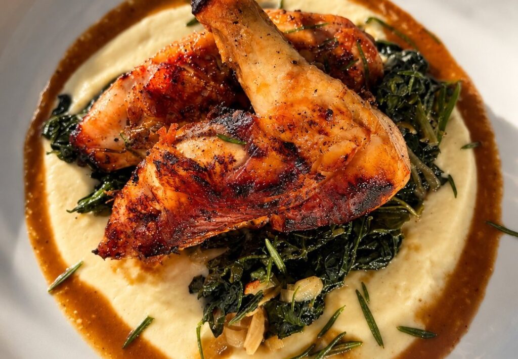 Roasted Mary’s chicken with celery root mousseline