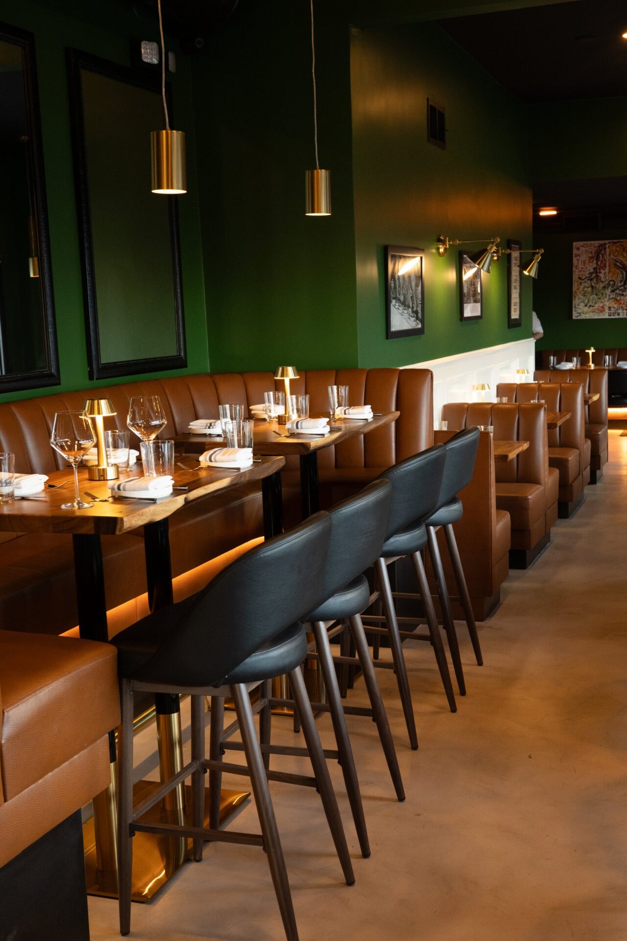 Leather banquette and bar stools at Prose Kitchen & Bar